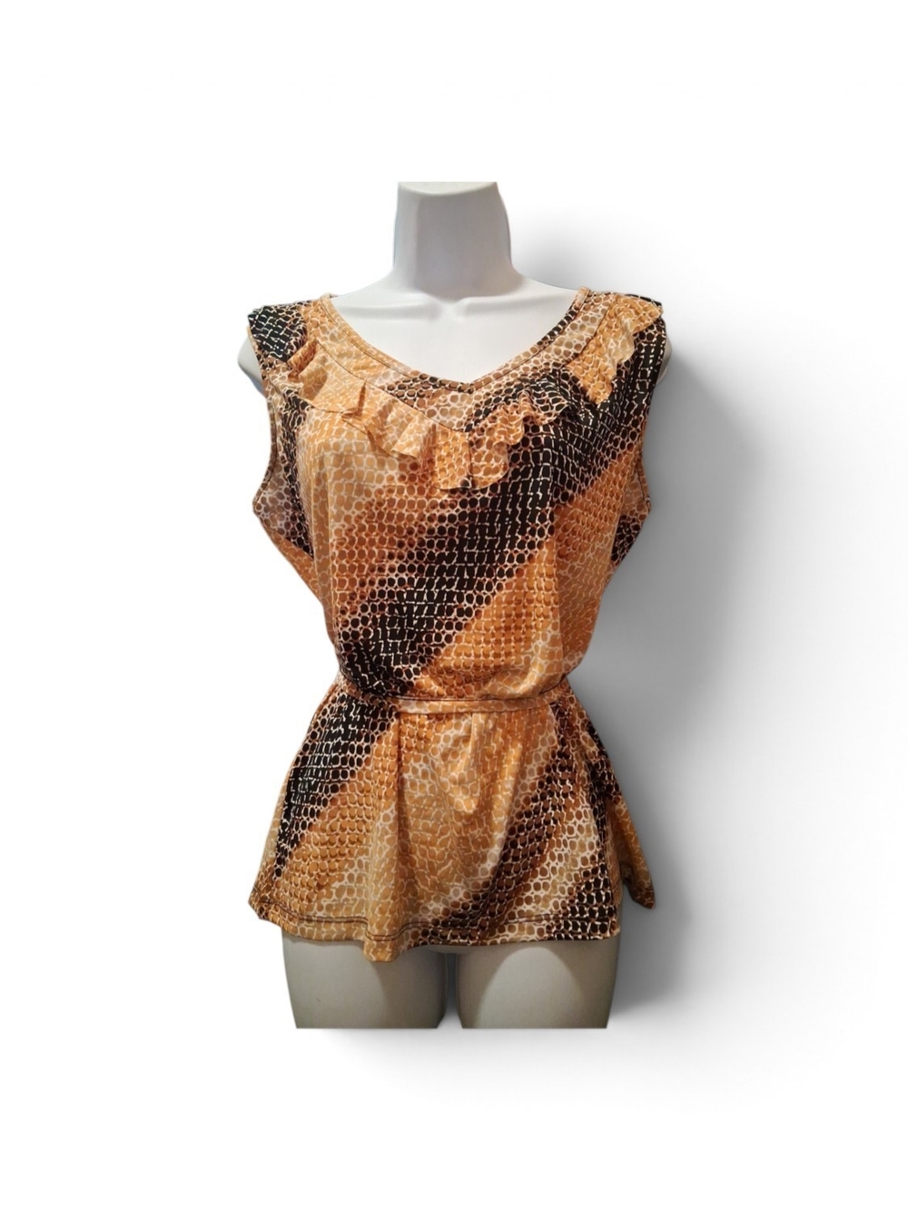 East 5th Sleeveless Ruffle V-Neck Peplum Top in Gold and Black